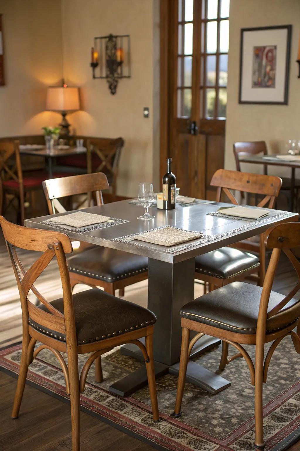 A dining room with a bold mix of materials for an eclectic flair.