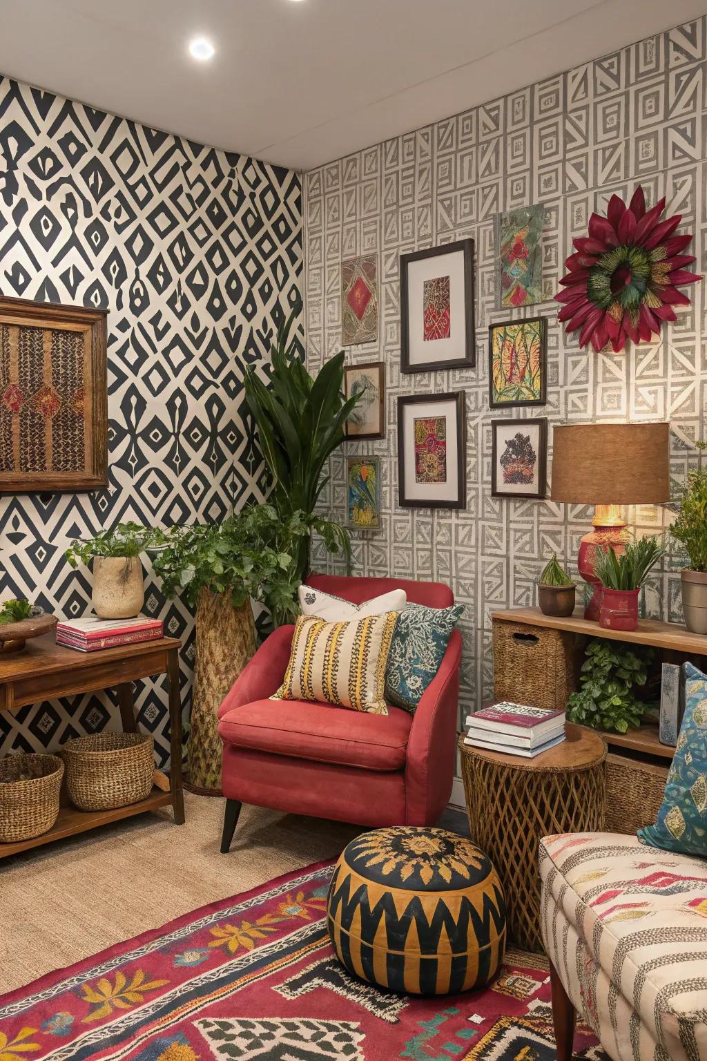 The wallpaper serves as a central feature of this eclectic room.