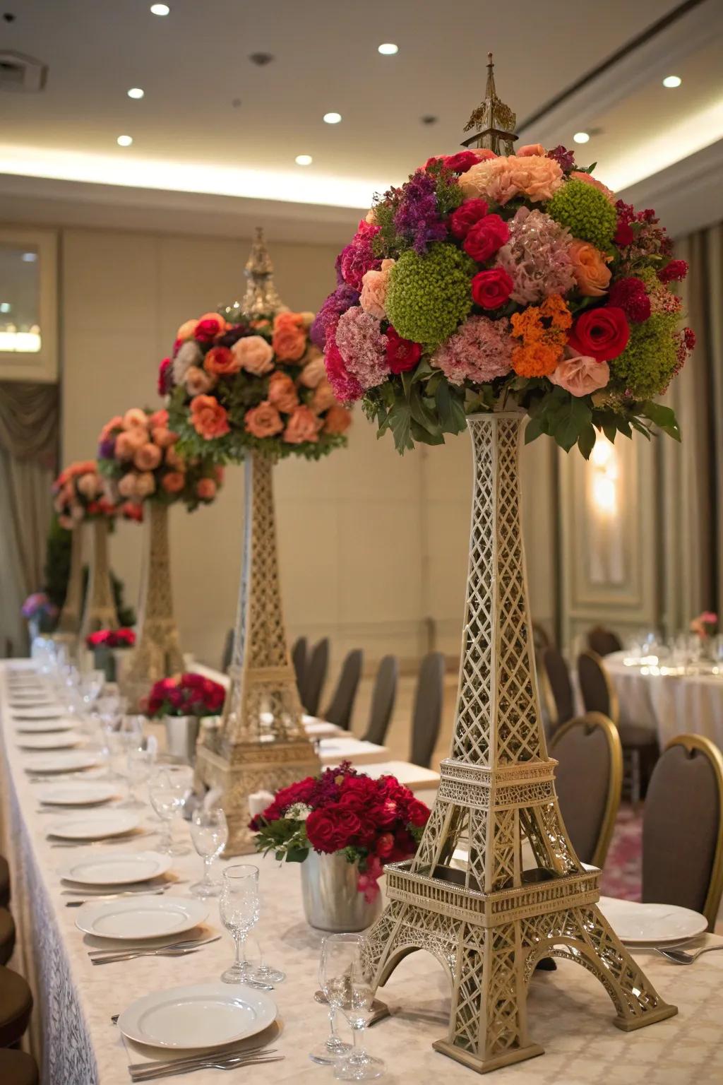 Craft drama with clustered vase arrangements.