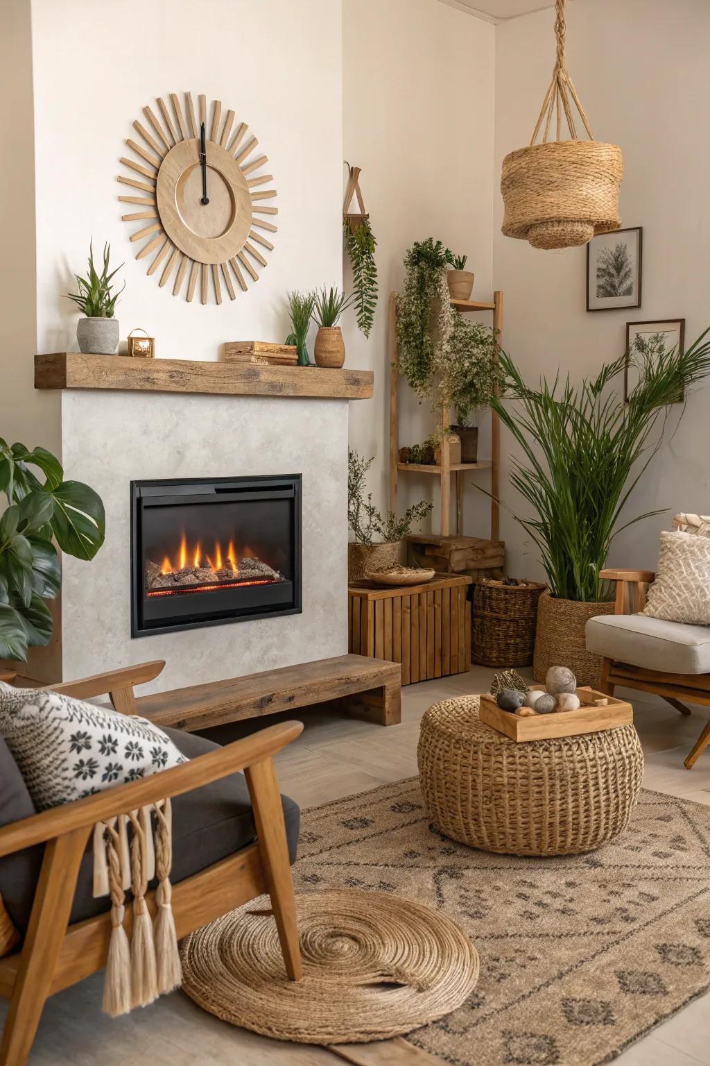 Eco-friendly materials add charm to a living room with an electric fireplace.