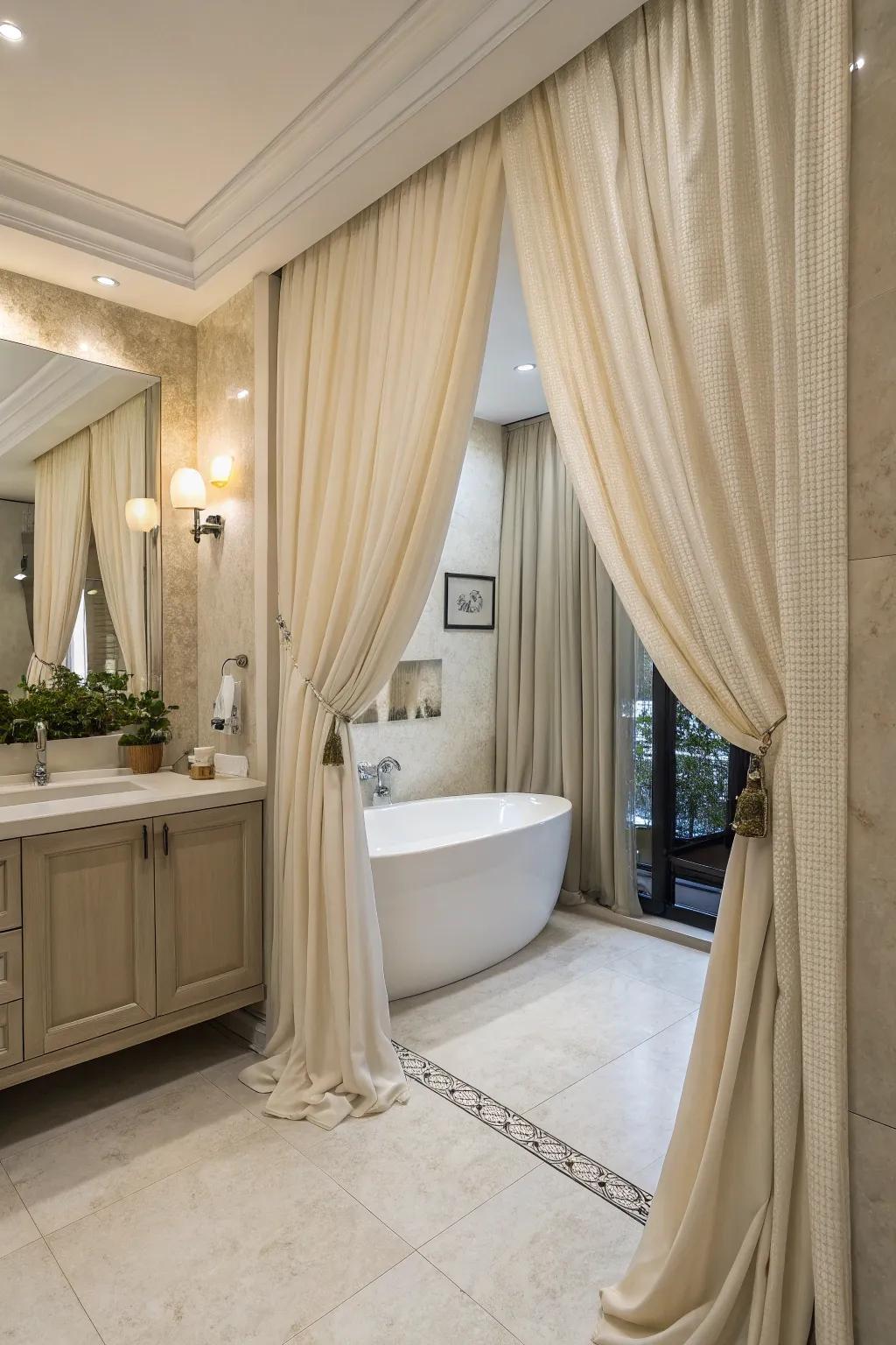 Elegant drapery elevates the gentleness and luxury of this bathroom.