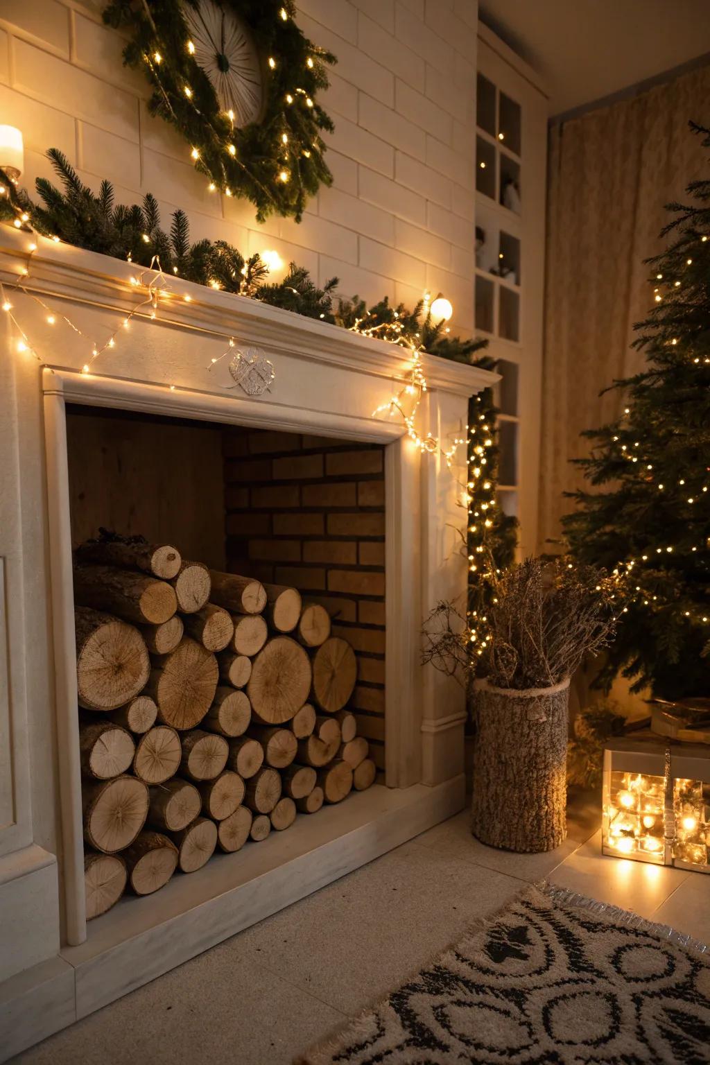 Ornamental logs and lights render the hearth inviting.