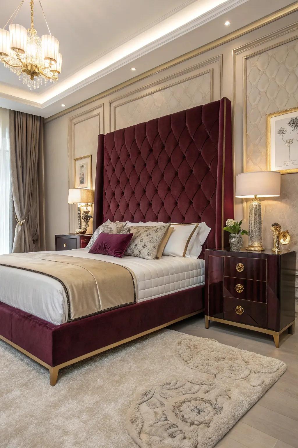 A luxury bedroom featuring a custom-designed velvet headboard.