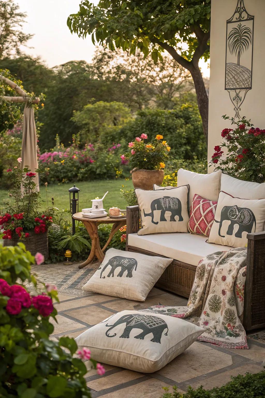 Pachyderm-themed aesthetic conveys a hint of untamed beauty to exterior spaces.