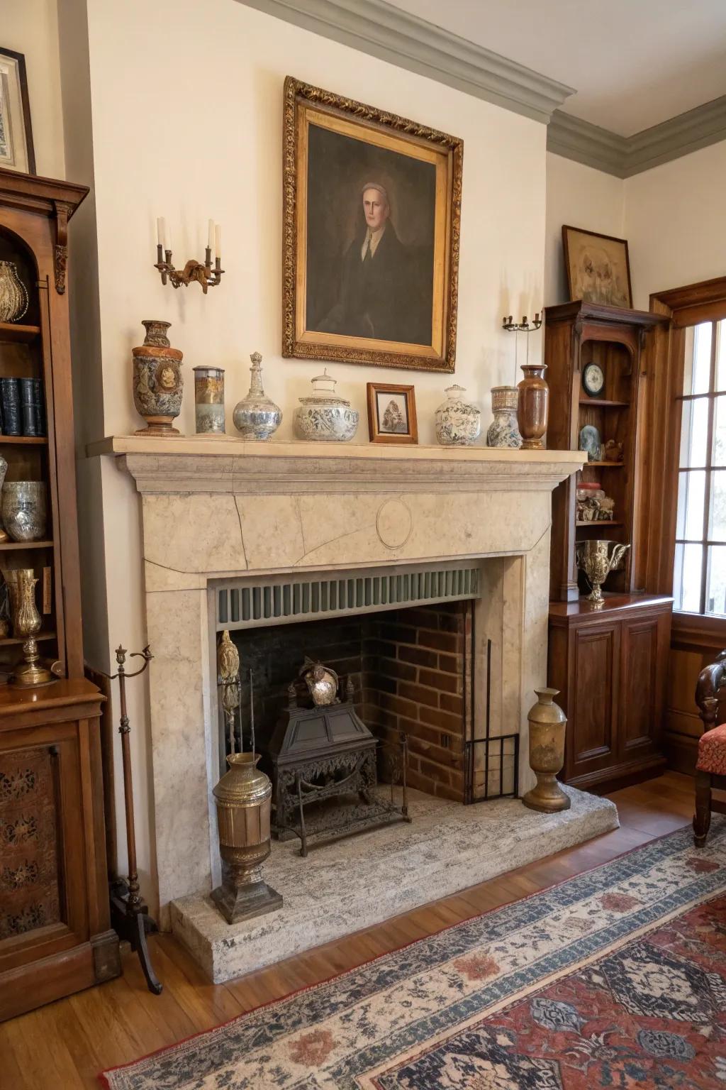 Bring in vintage charm using antiques displayed inside your fireplace.
