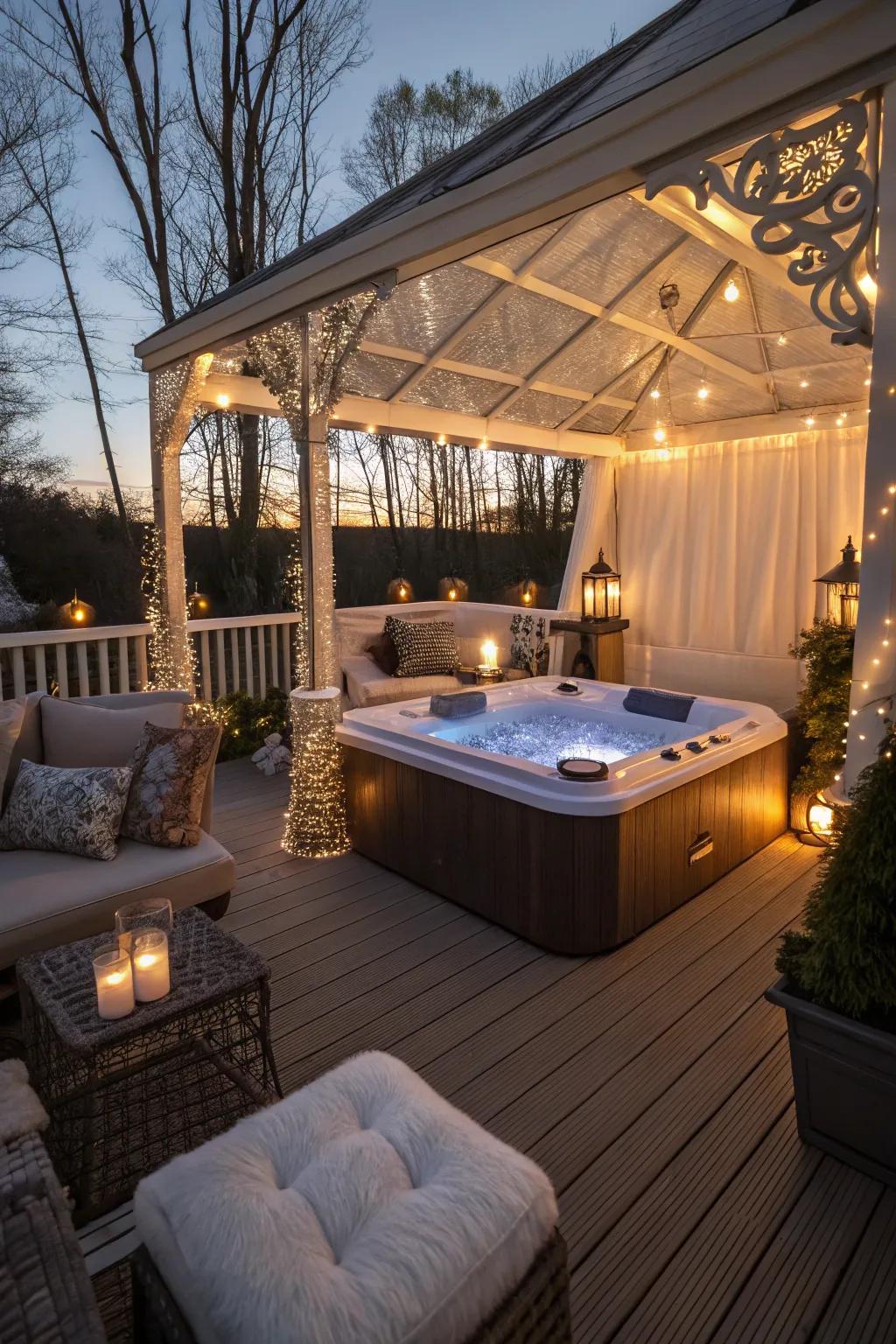 A lavish hot tub setup provides the ultimate outdoor relaxation.