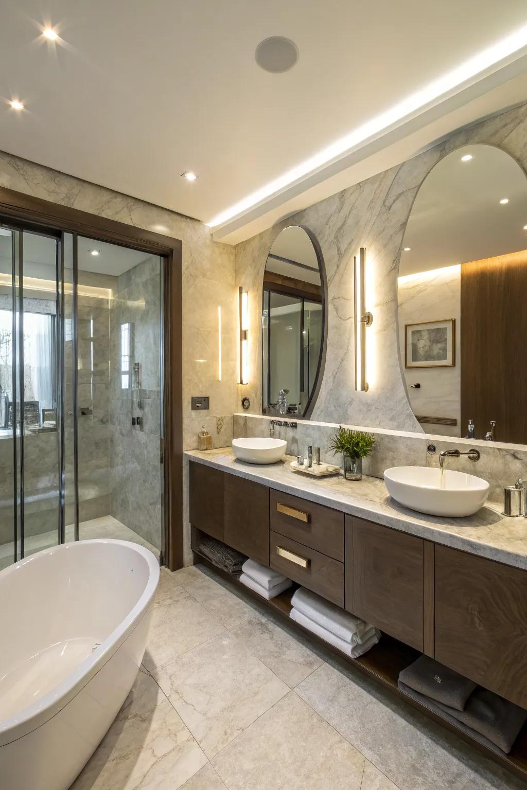 Curved hardware enhances the flow and aesthetics of the space.