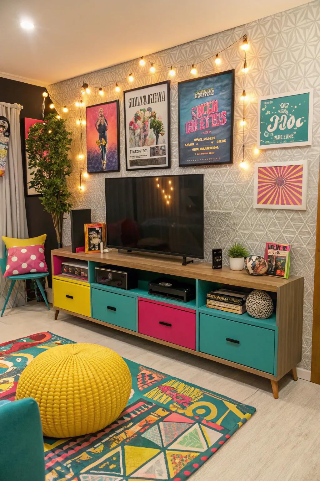 Bright decorative items give a splash of hue to this entertainment hub.