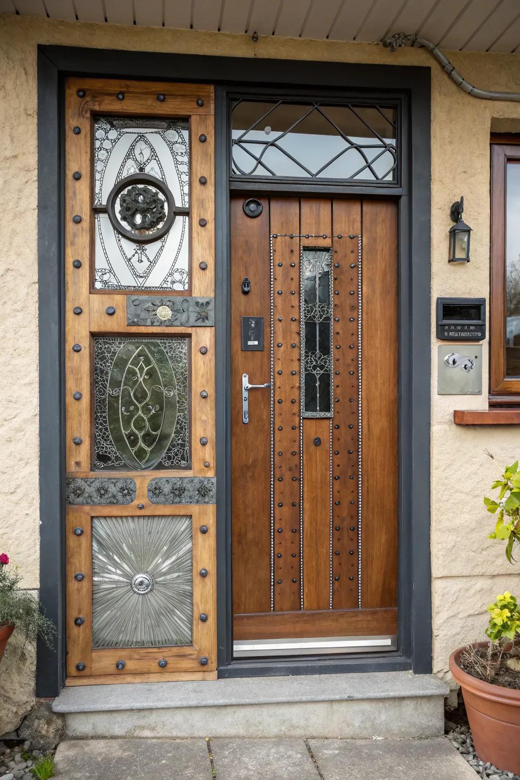 An eclectic entrance combines diverse aesthetics and materials.