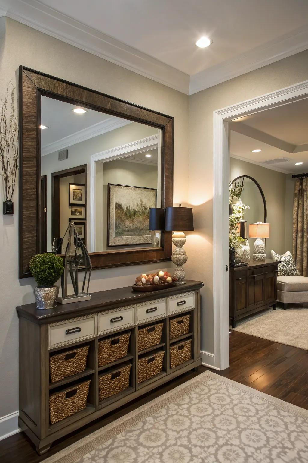 A hidden storage mirror delivers a clever and stylish option for small entryways.