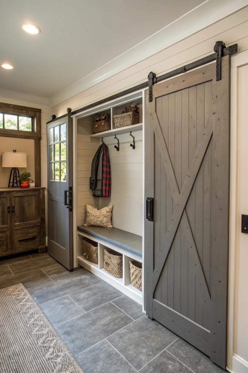A sliding door stylishly separates this mudroom.