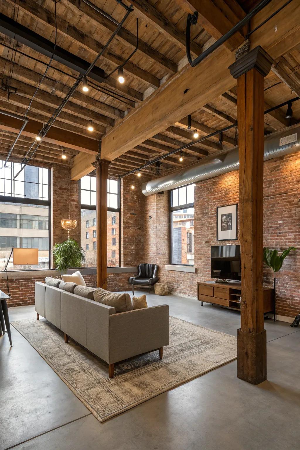 Urban loft charm with beams and brick.