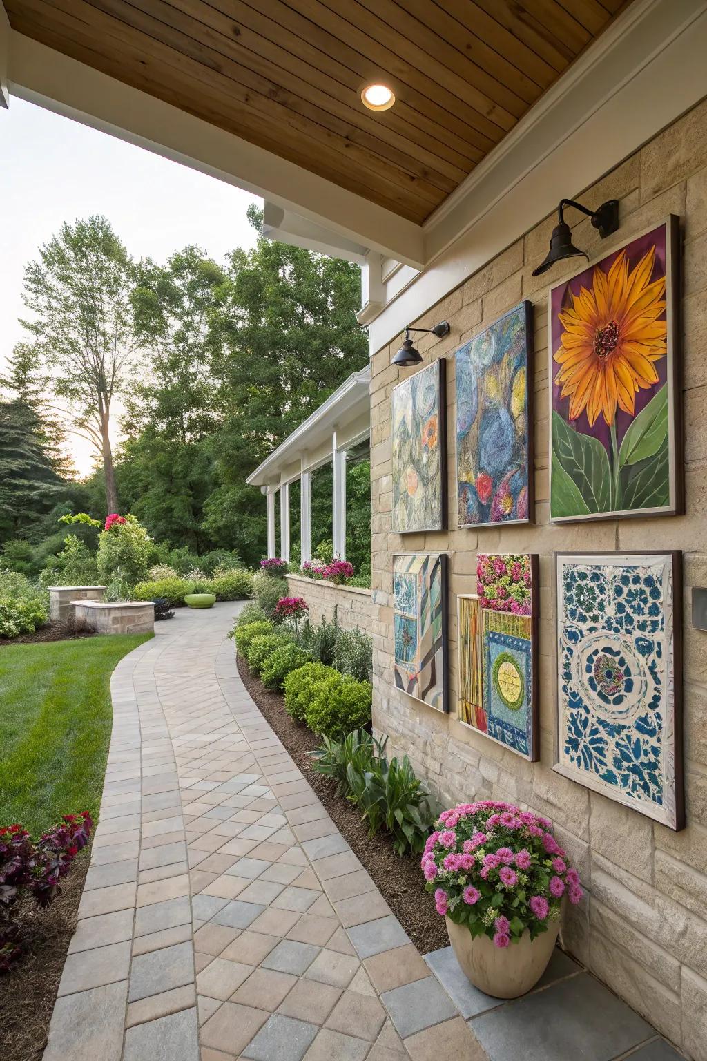 Inject character by designing an outdoor art gallery on your patio wall.