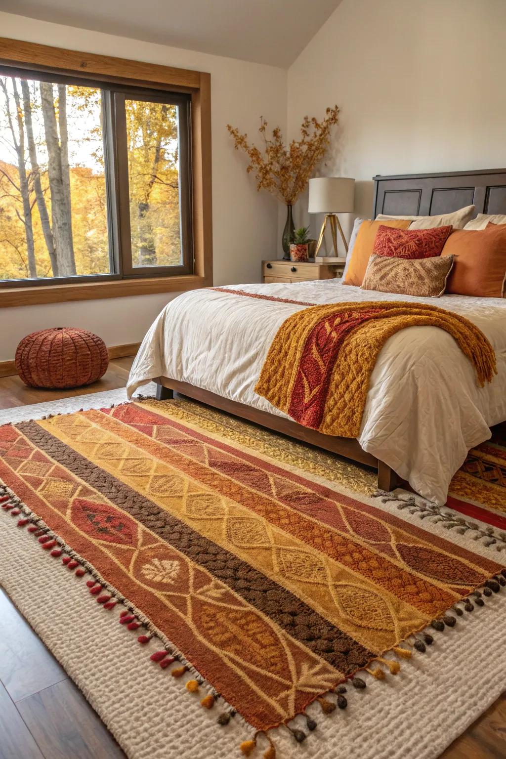 Stratified rugs contribute texture and balminess to your bedroom flooring.
