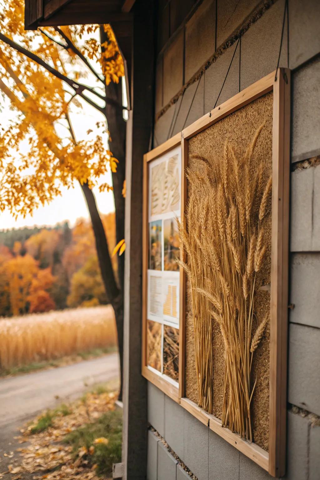 A golden harvest-themed bulletin board with wheat and barley.