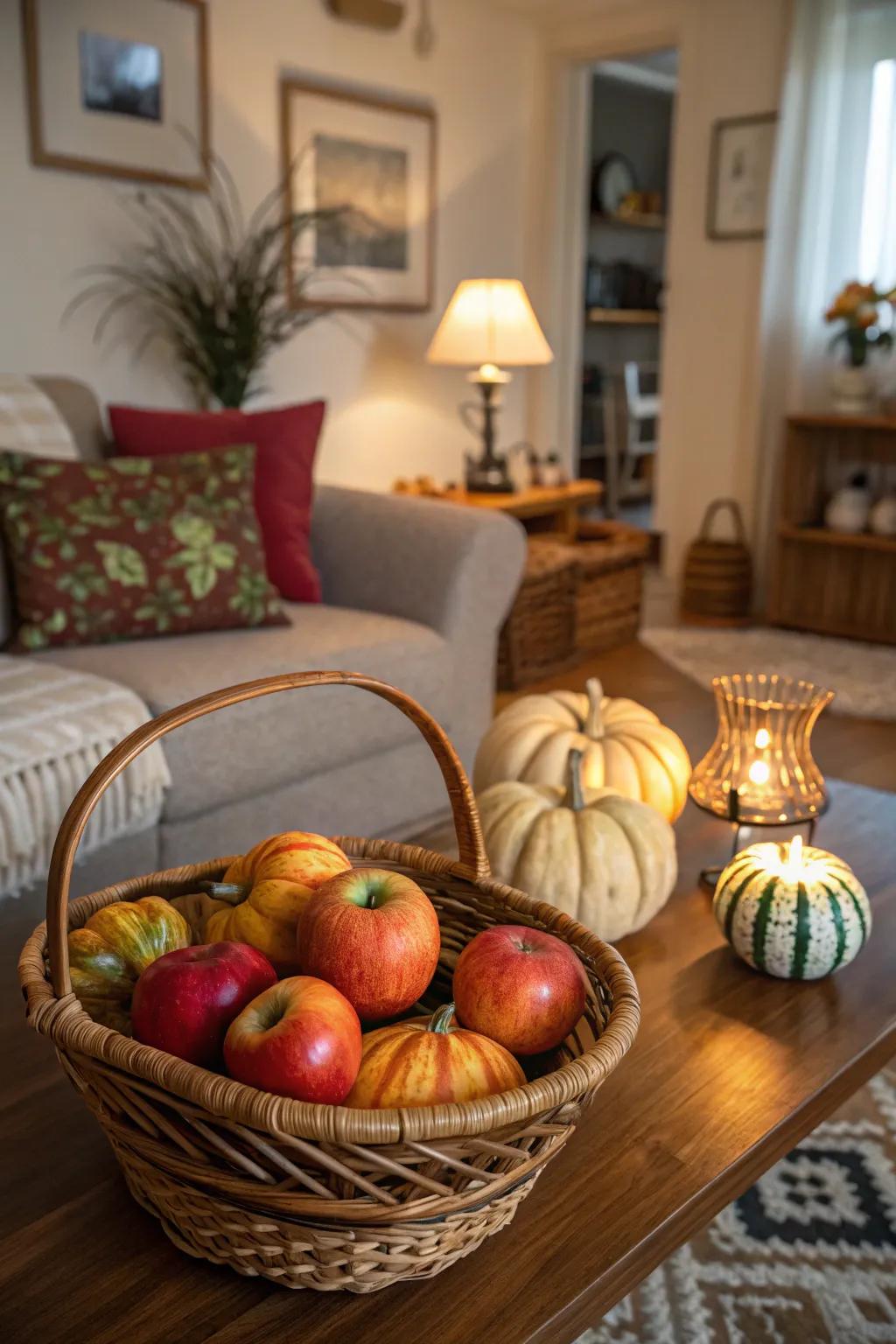 A harvest basket celebrates the bounty of the fall season.