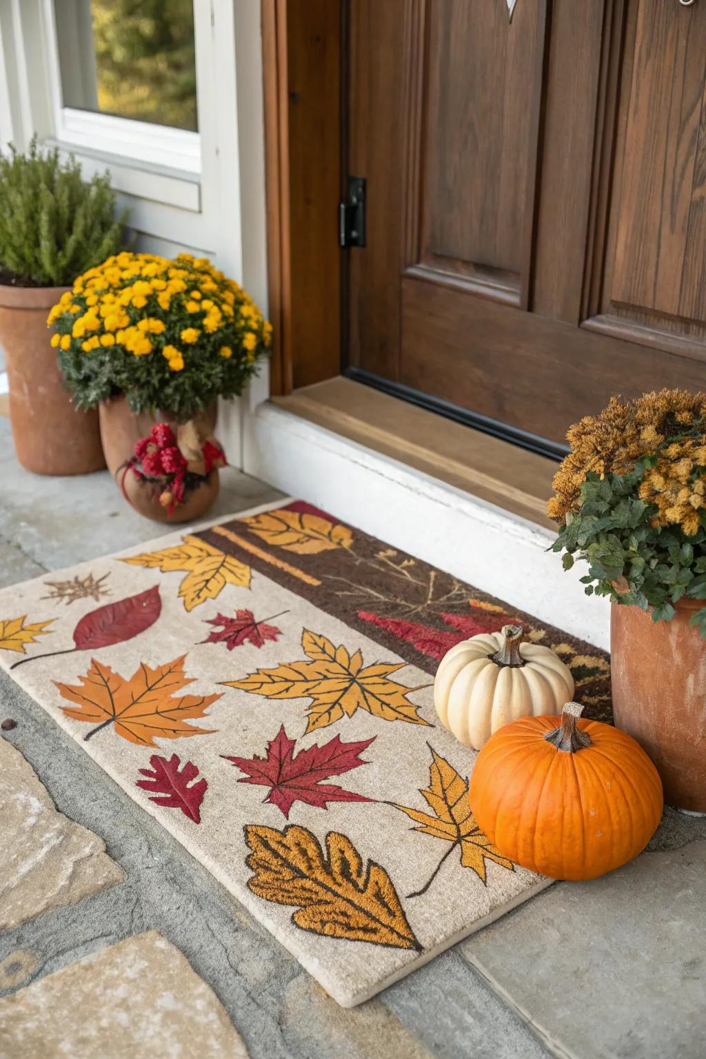 A festive floor covering welcomes guests to a fall-themed home.