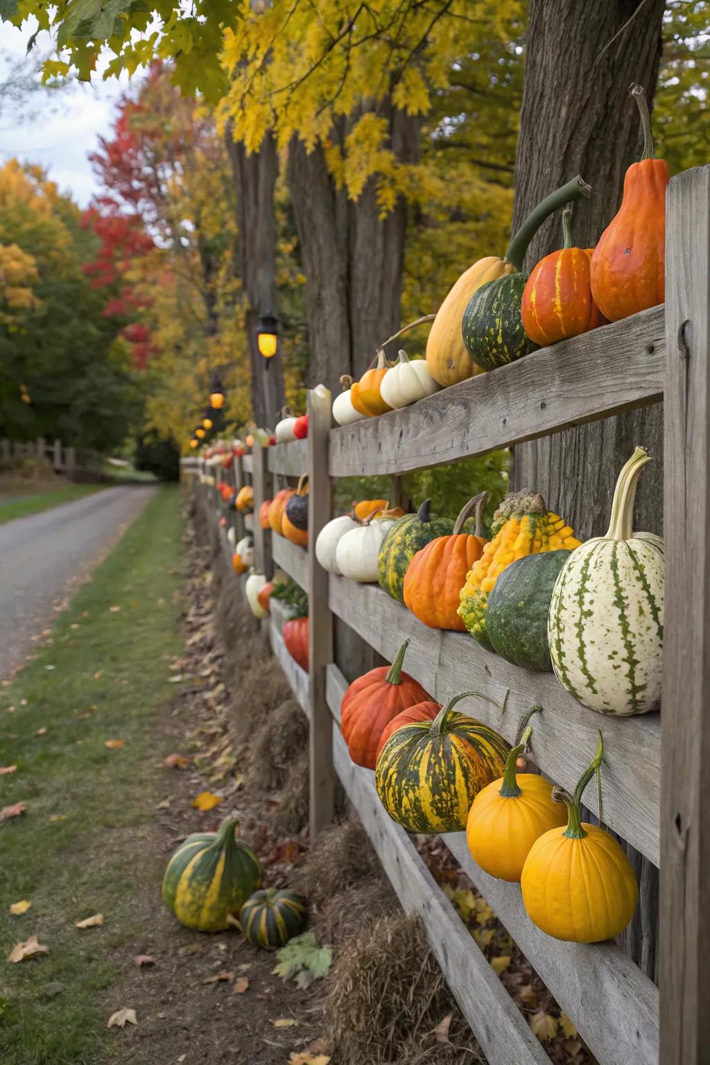 A variety of gourds crafts a vibrant display down the fence.