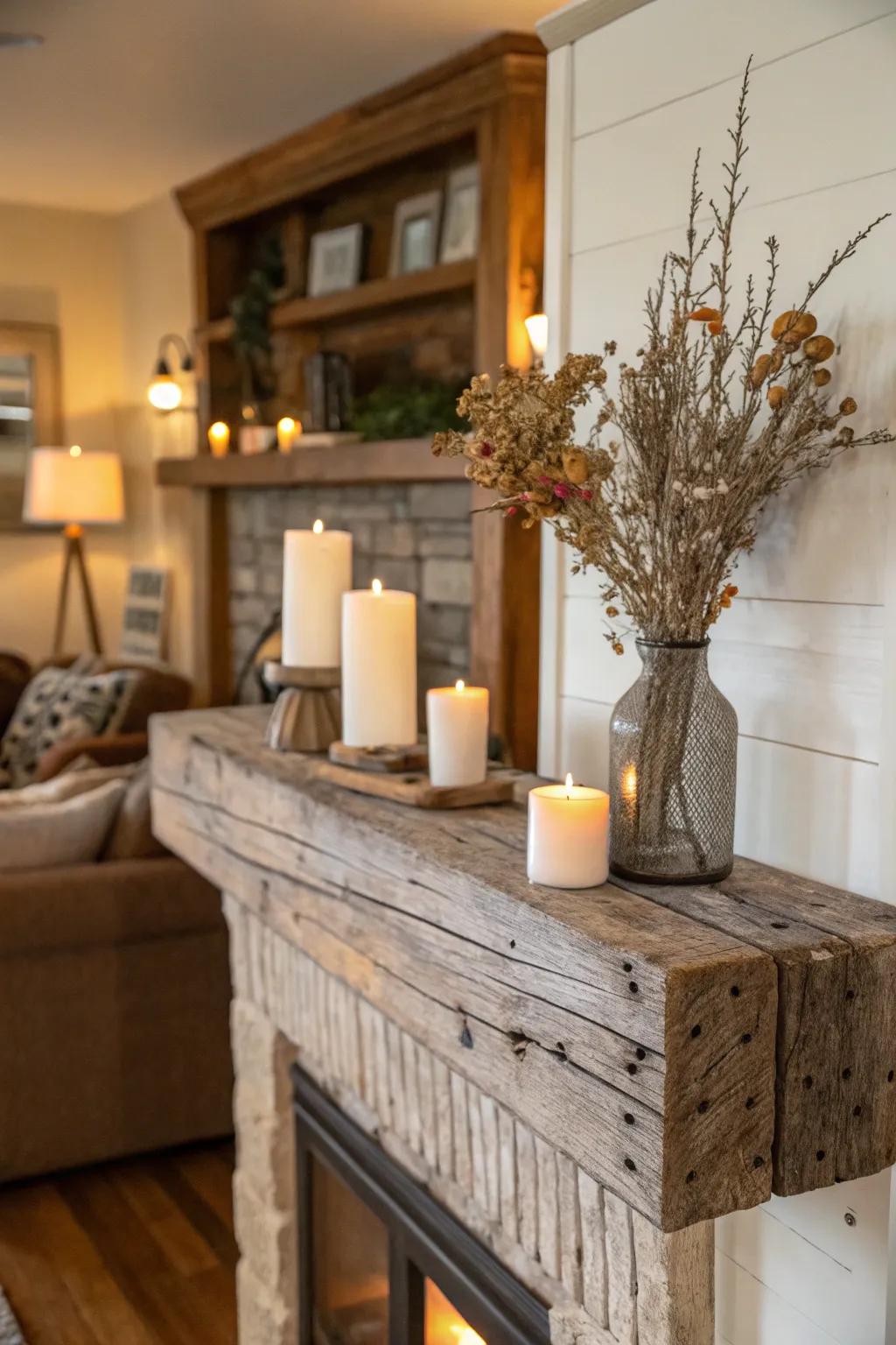 An autumnal mantel showcasing rustic timber accents.