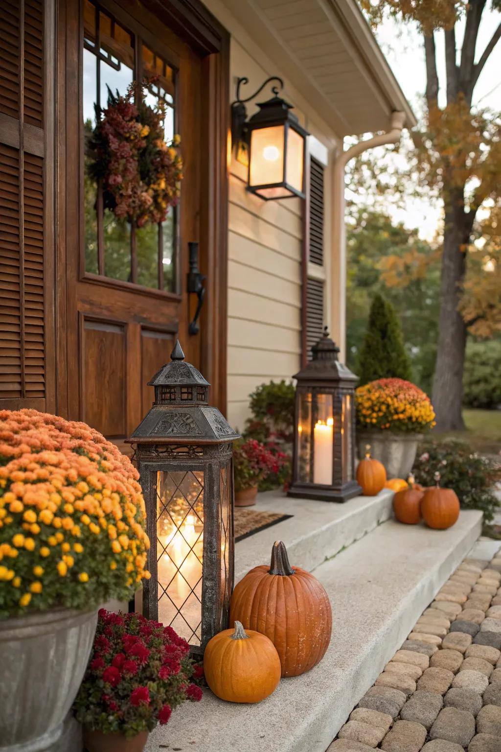 Vintage lanterns add a warm, inviting glow to your fall entryway setup.