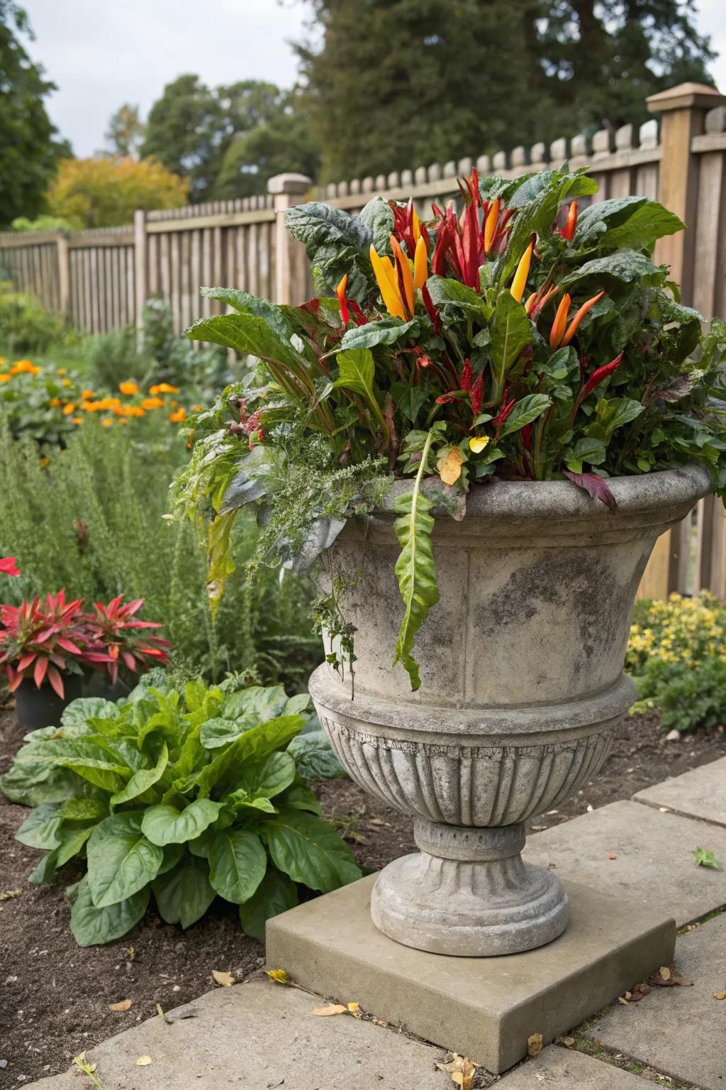 Vibrant vegetables in a fall urn planter.