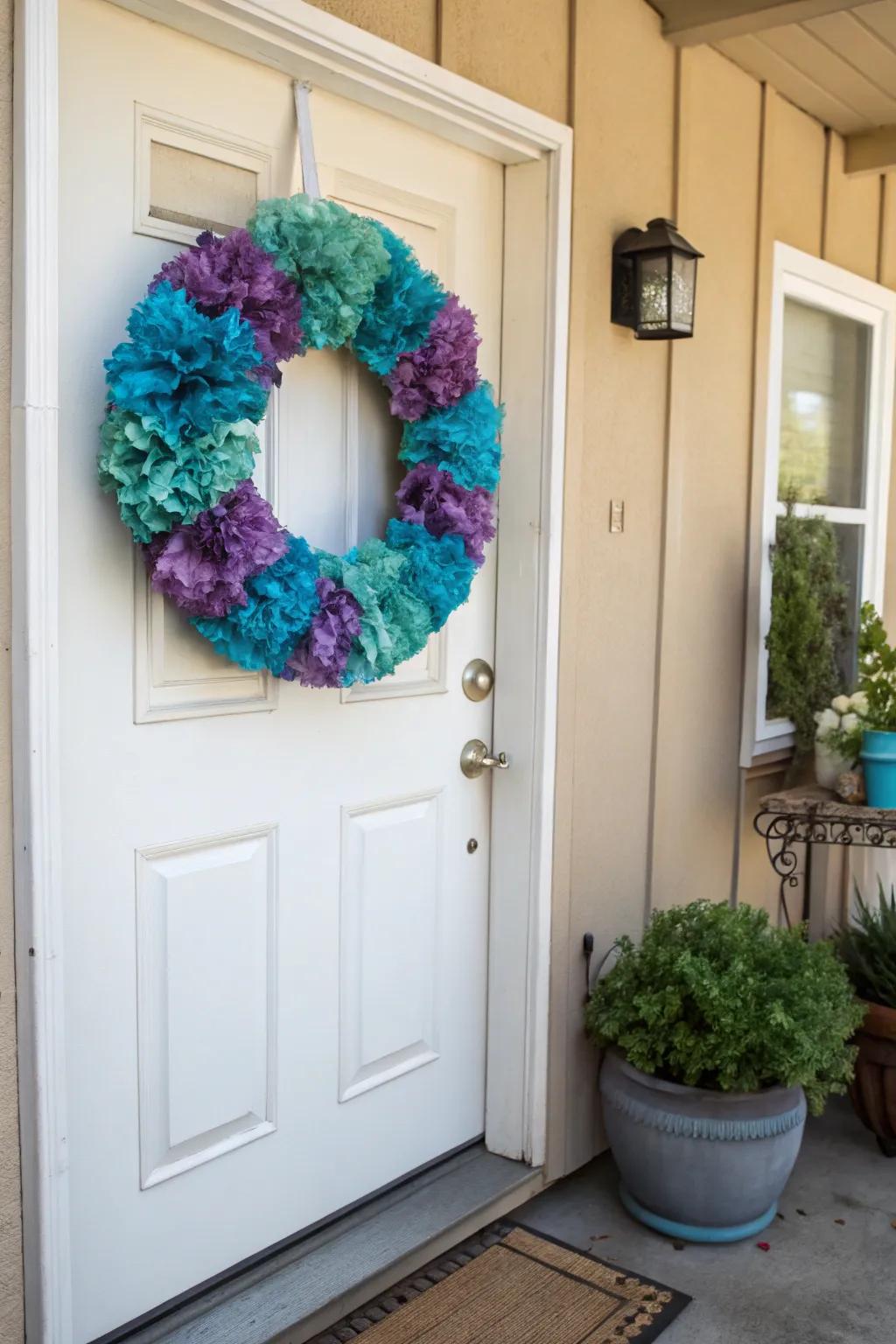 Colored beverage filters create a colorful and textured wreath.