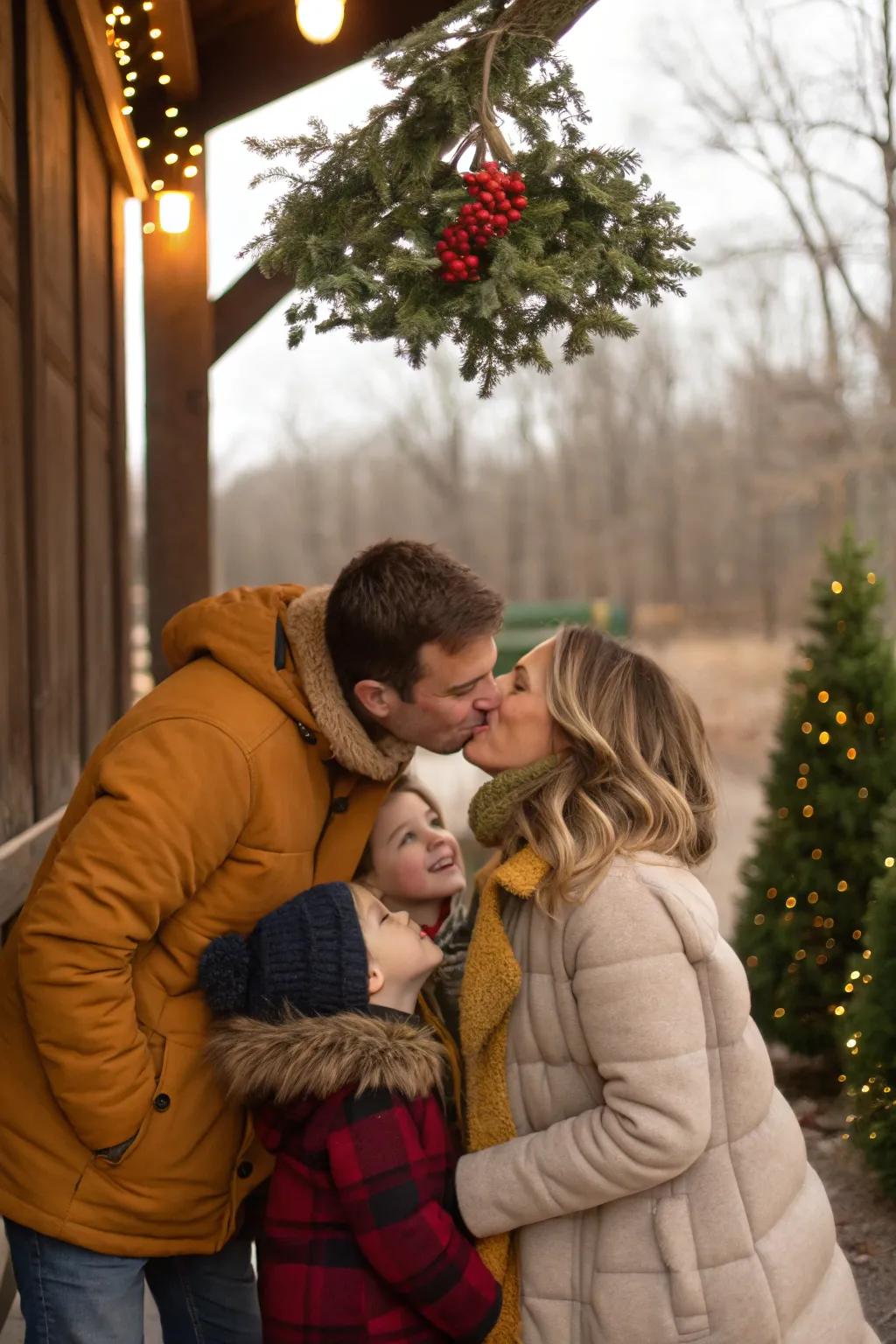 A mistletoe moment imparts a hint of romance to your family photograph.