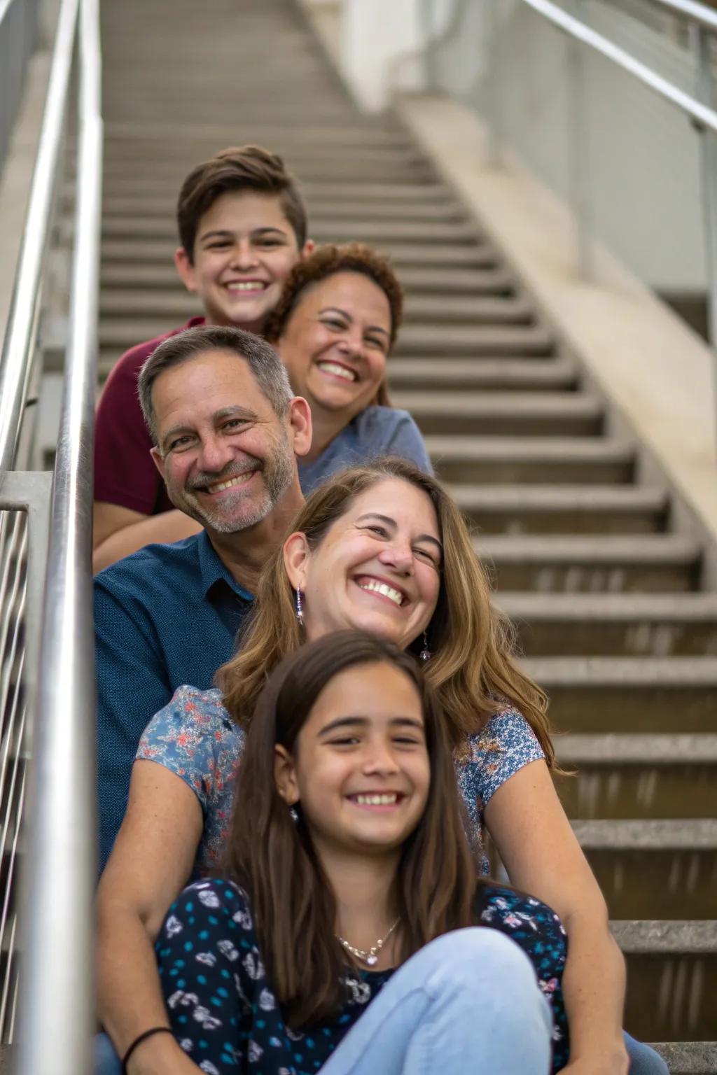Unique family photo on the stairs.