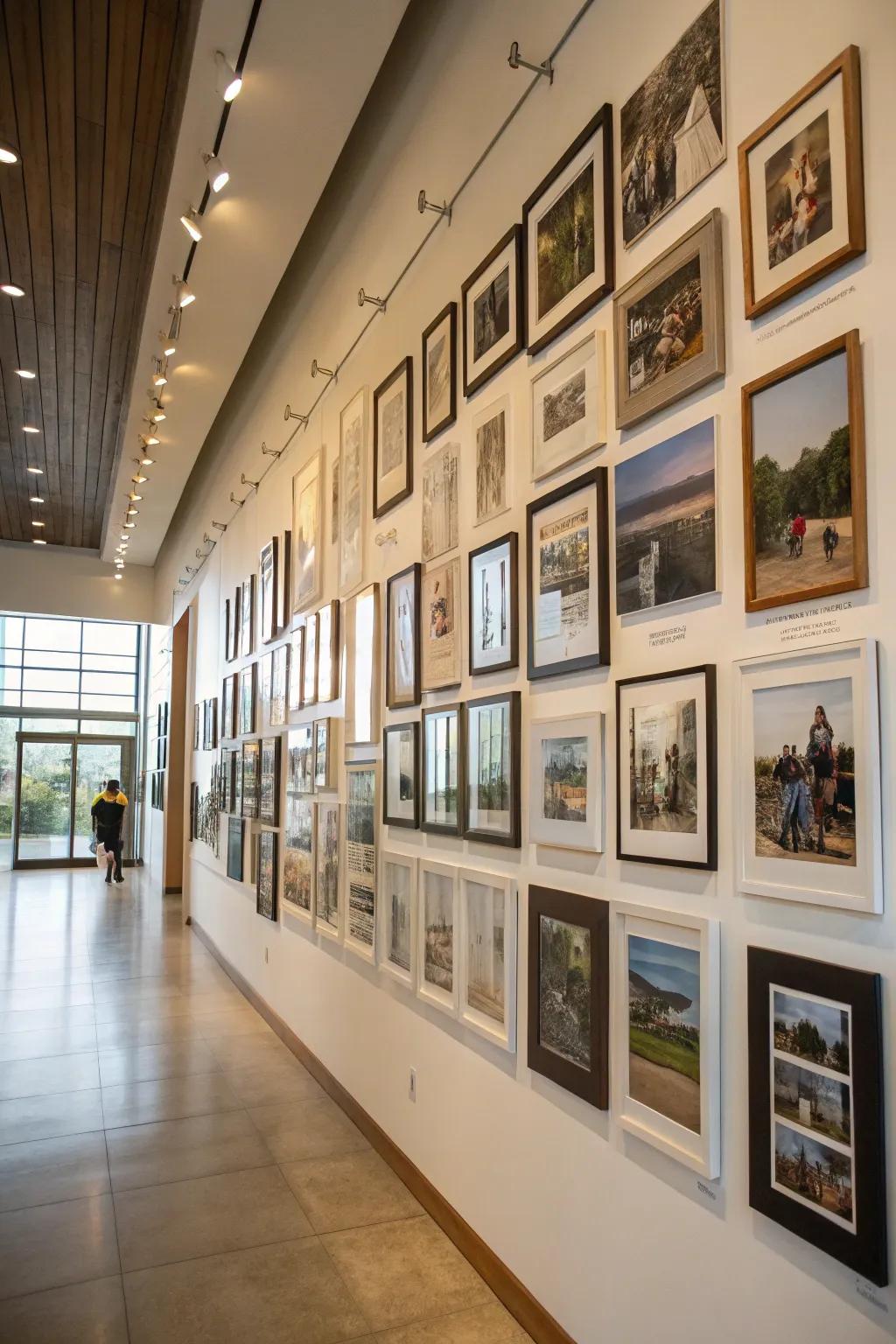 Vast wall transformed into a personal photo gallery.