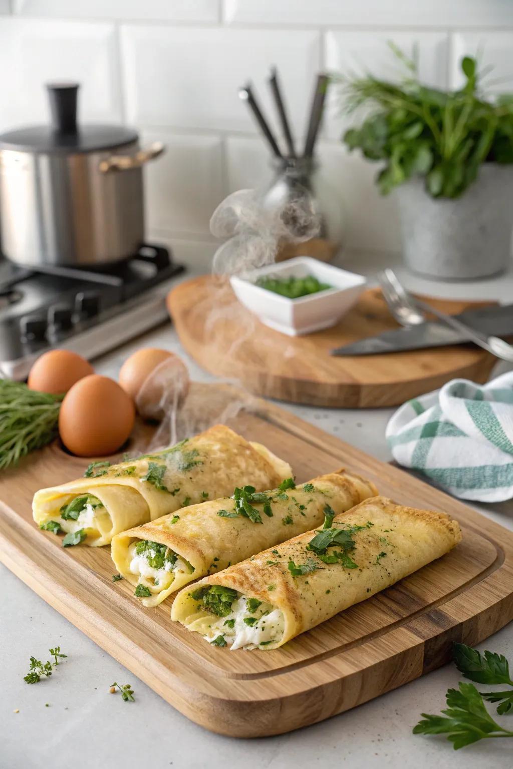 Savory egg crepes are a delightful addition to any brunch.