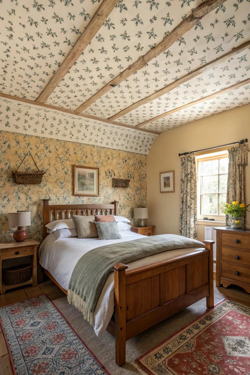 Papered ceilings unveil distinctive patterns and hues to this farmhouse bedroom.
