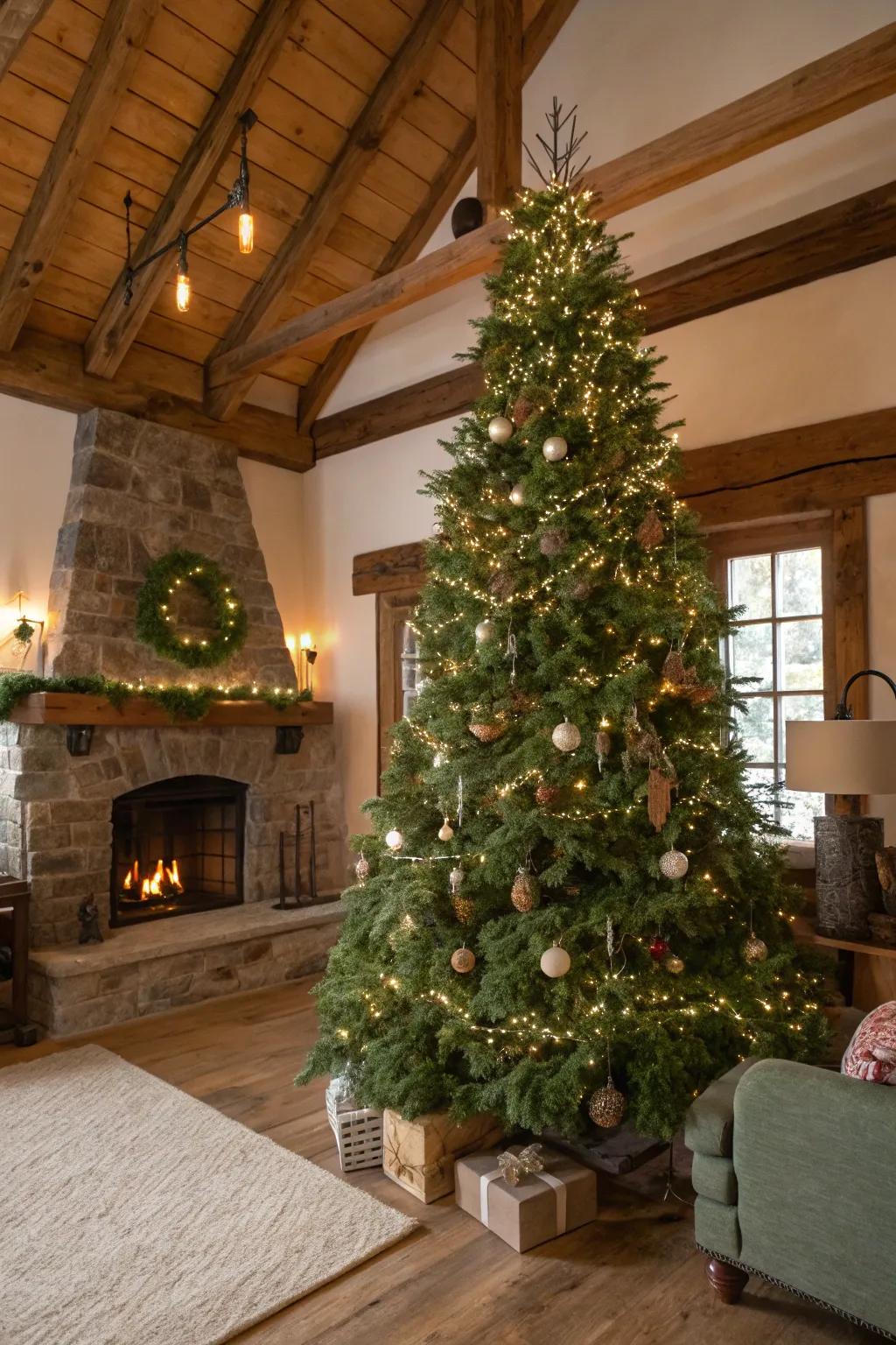 Greenery garlands add texture and depth to this farmhouse Christmas tree.