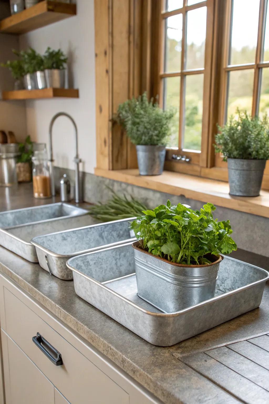 Electroplated metal pieces adding an industrial touch.