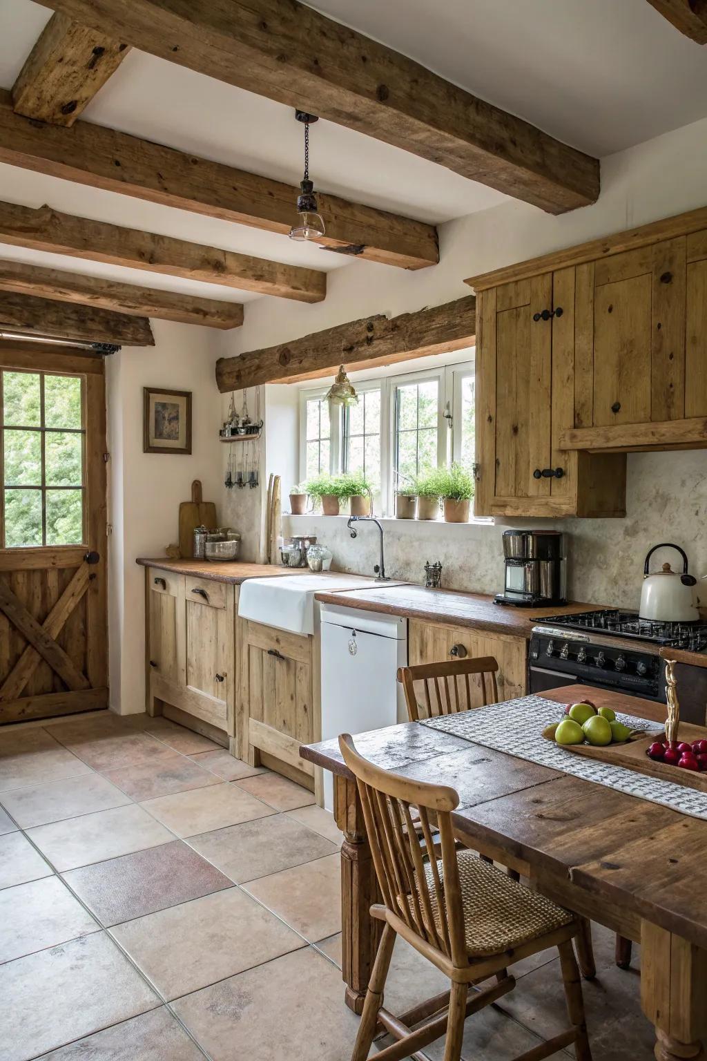 A farmhouse kitchen featuring repurposed lumber accents.