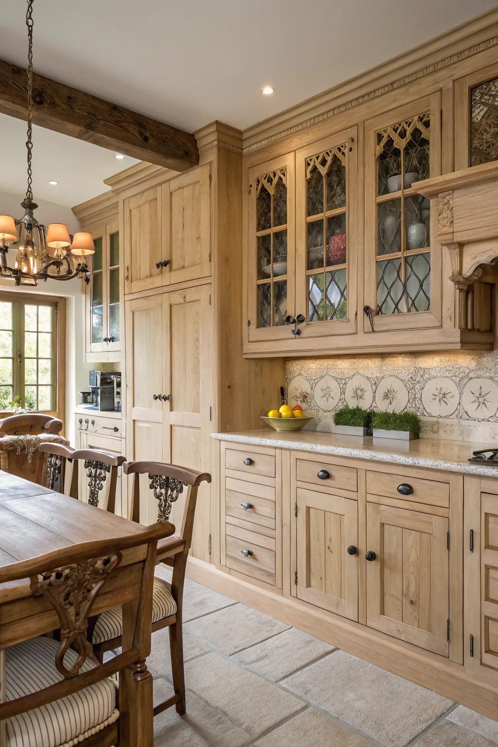 Craftsmanship details add character to light wood cabinets in a farmhouse kitchen.