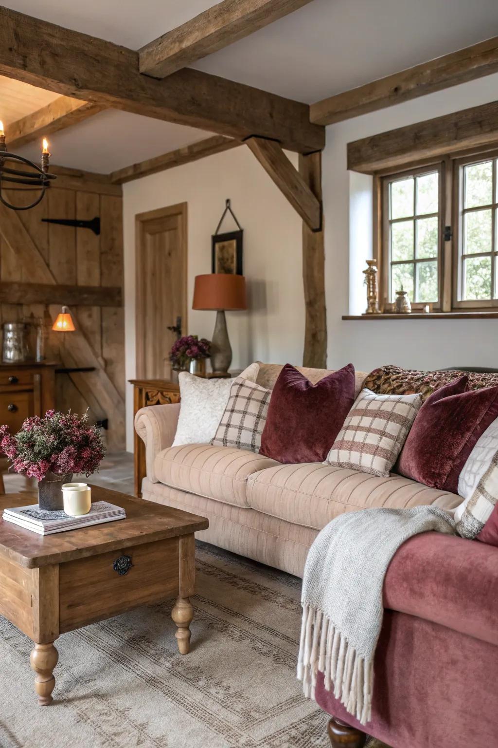 Soft textures add a touch of luxury to this country house family room.