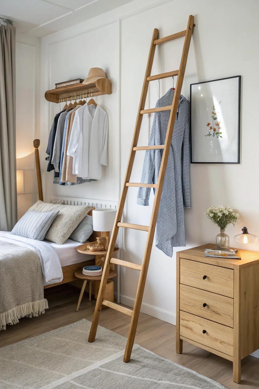 A functional clothes rack crafted from a ladder