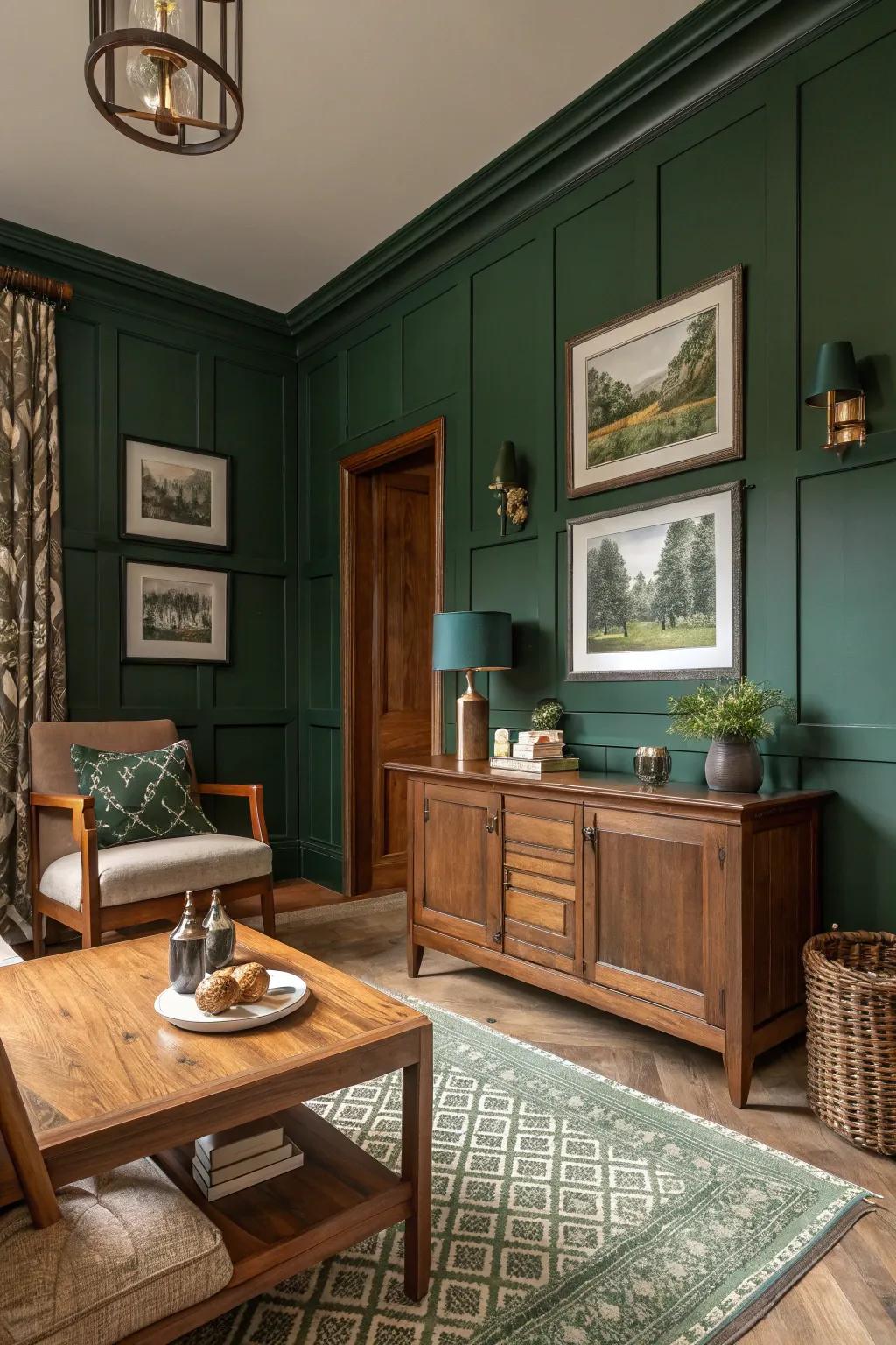 Forest green walls make a strong statement in this farmhouse design.