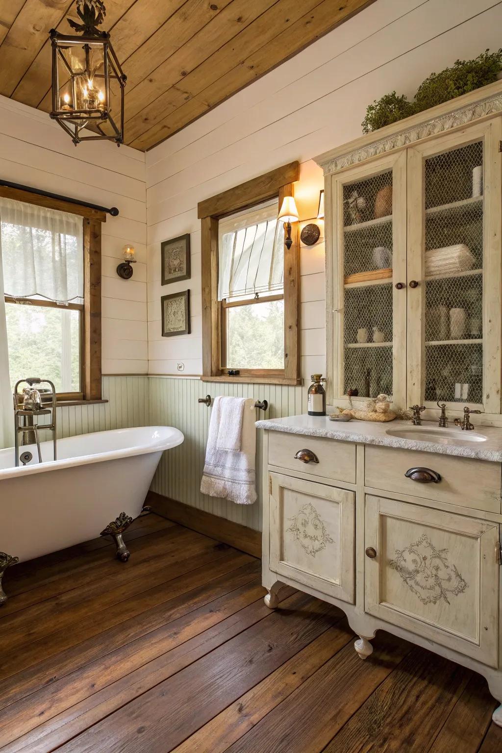 Antique hardware introduces historical charm to this farmhouse bathroom.