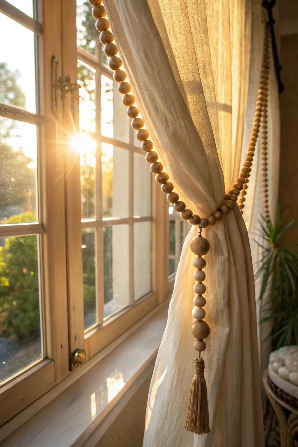 Curtain elegantly tied back with wood bead garland.