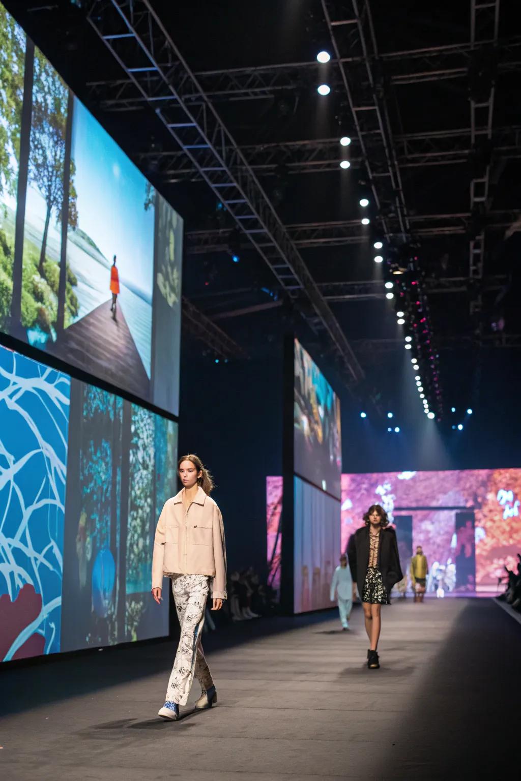 Video walls and lenses create a visually engaging fashion show experience.