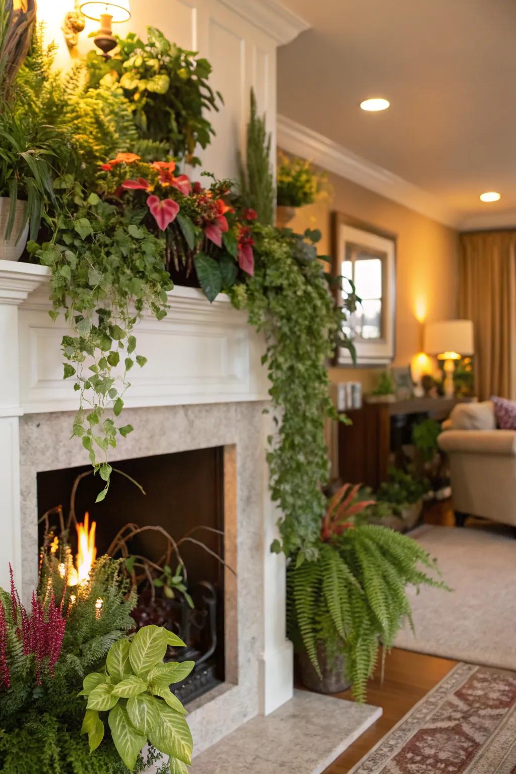 An imitation fireplace bursting with lush greenery for a vibrant touch.
