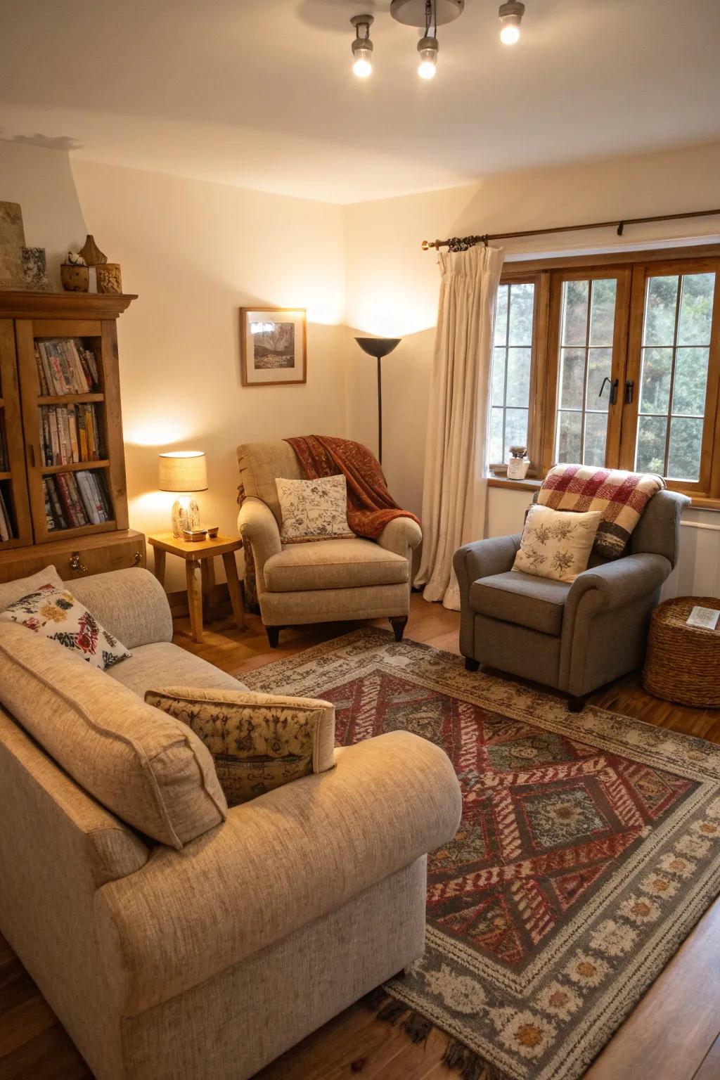 An inviting living room with multiple cozy seating areas.