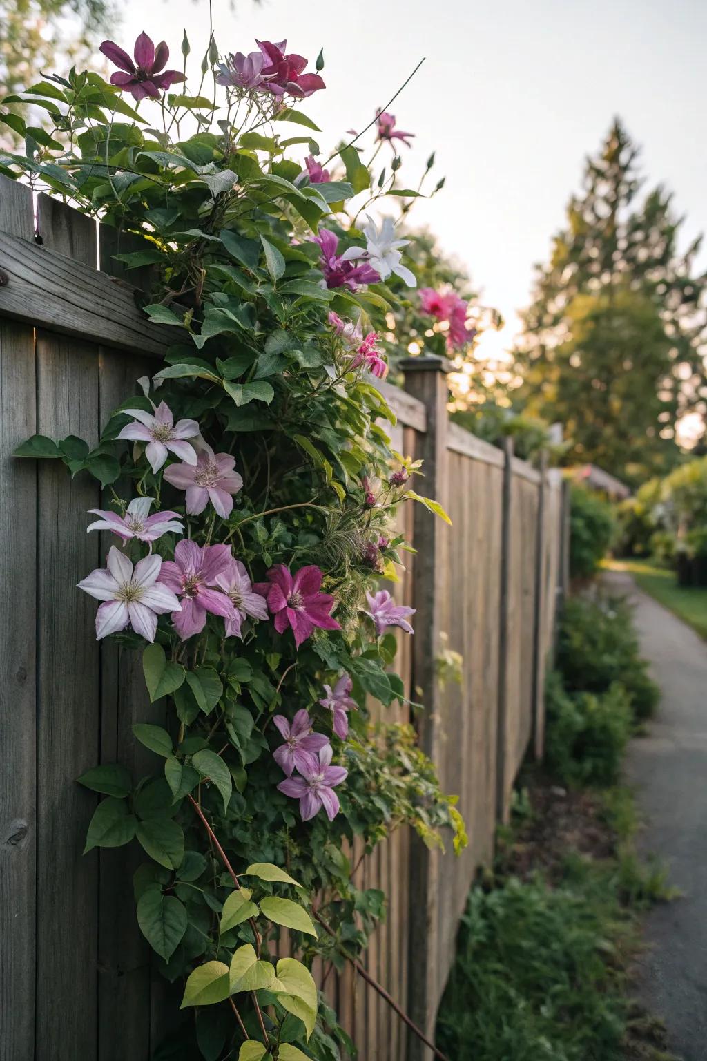 Clematis vines inject vibrant tint and texture to fences.