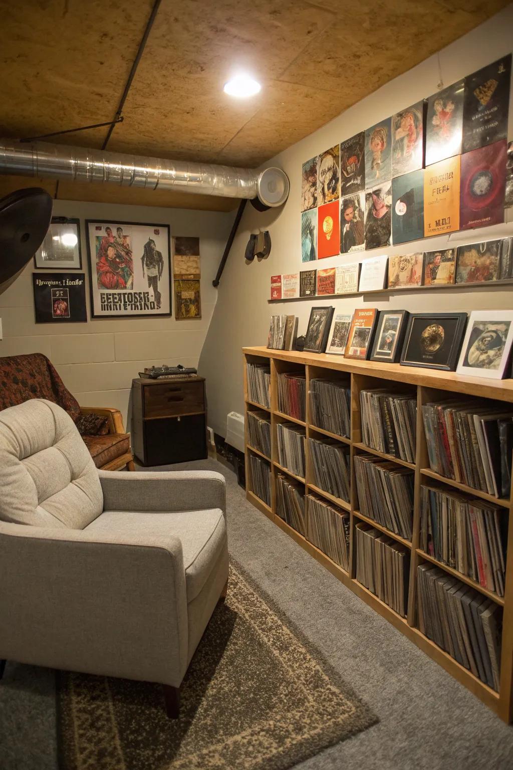 Immerse in music with a dedicated record collector's space.