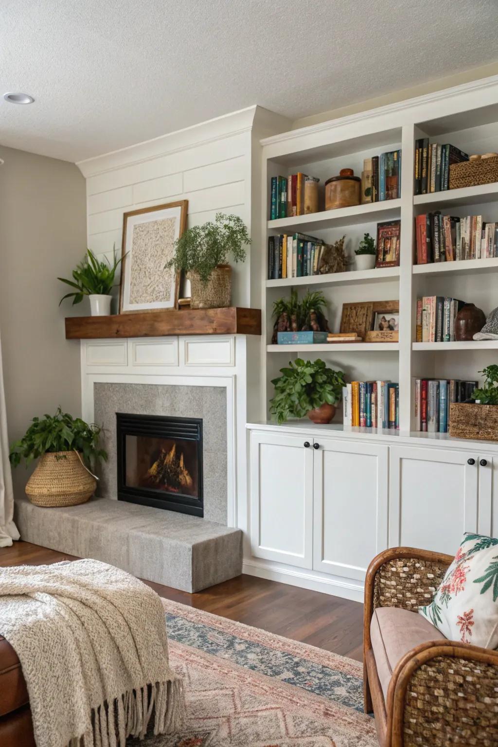 A living room showcasing custom built-in shelves around the fireplace alcove.