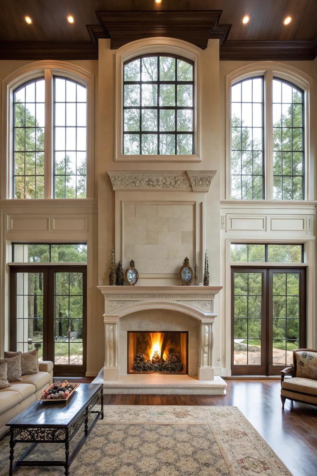 The bold design of the fireplace is emphasized by expansive windows.
