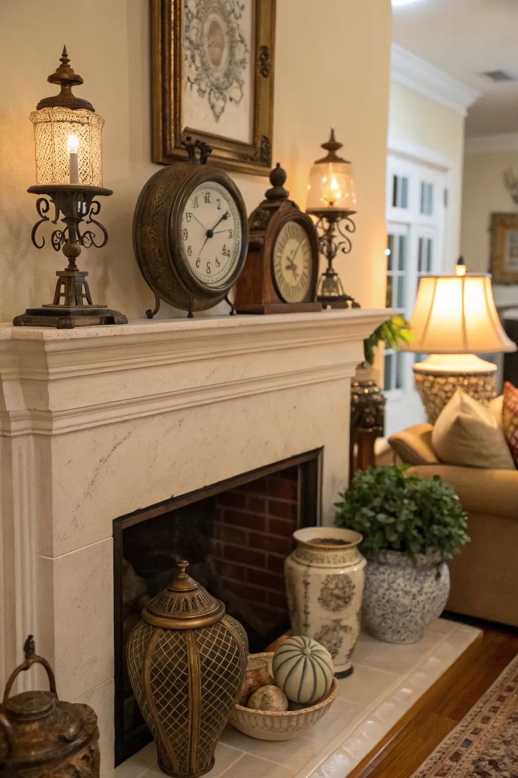 A mantel with vintage finds that bring a sense of history and charm.