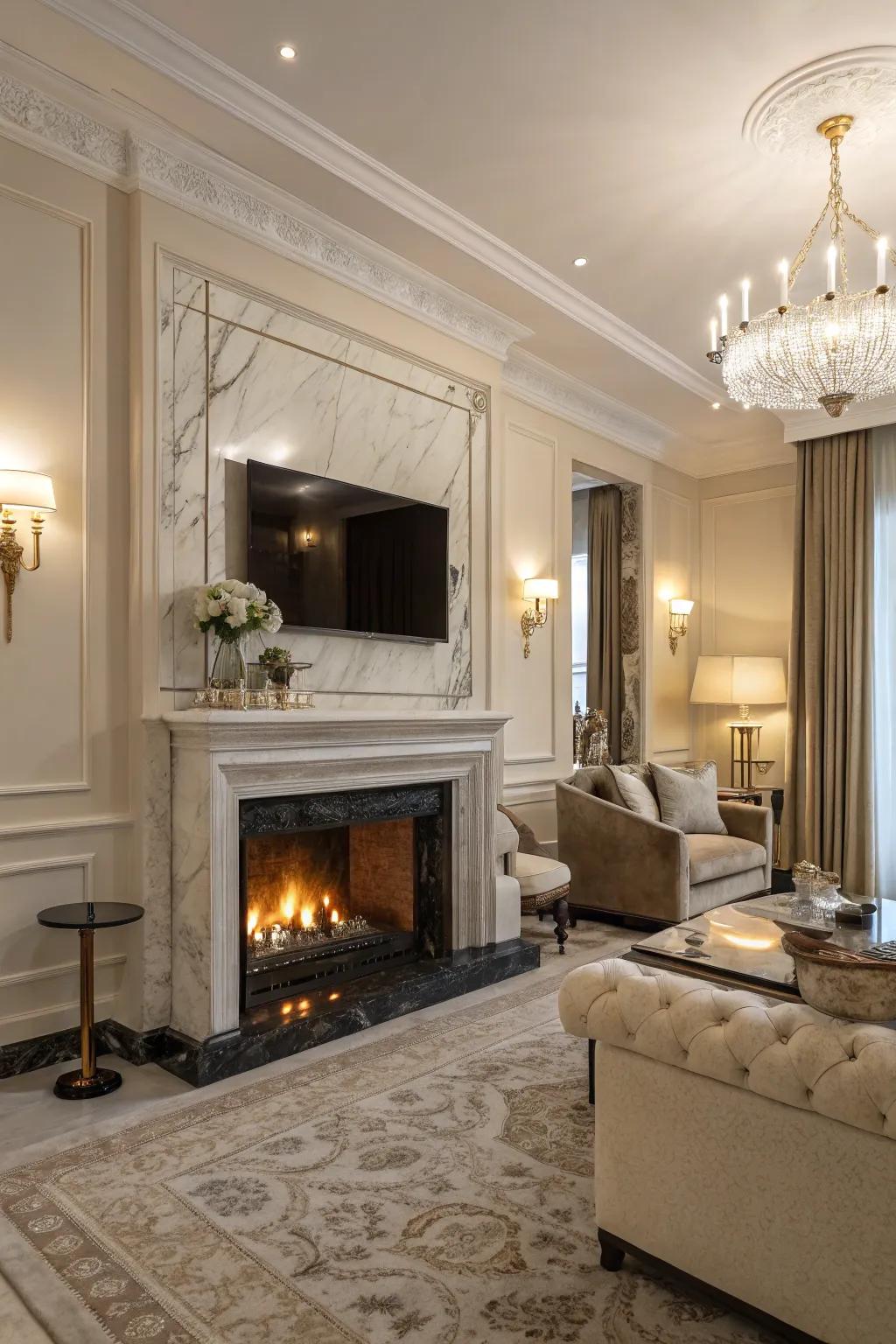 A marble mantel adds timeless elegance.