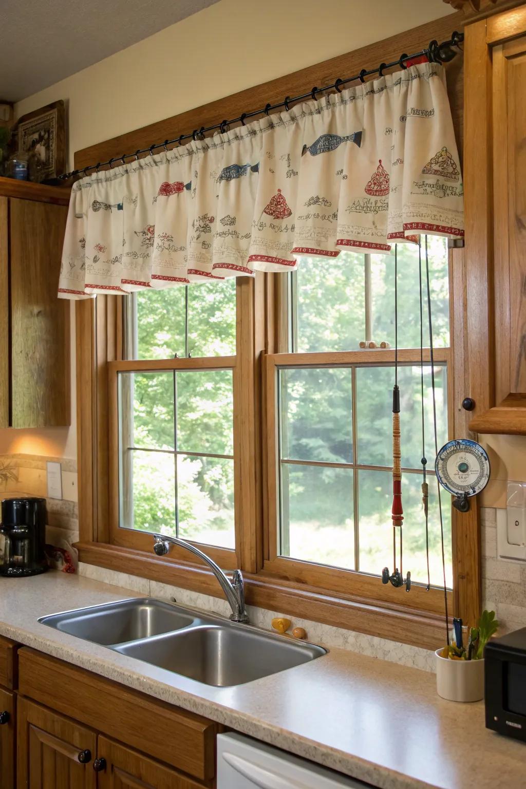 An angling pole valance adds a subtle nautical touch to windows.